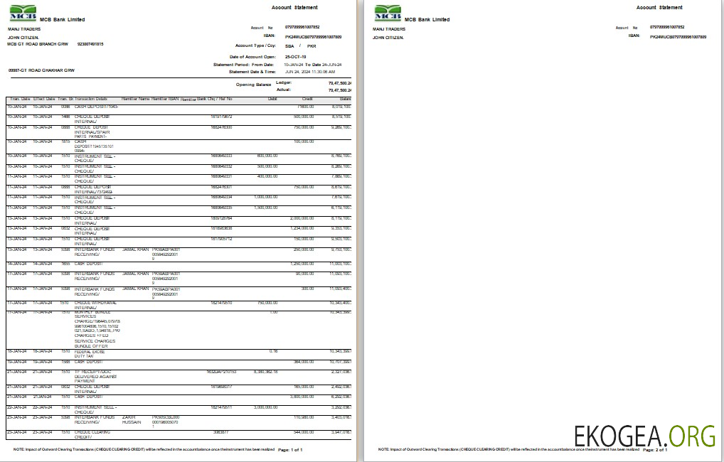 Modèle Word et PDF de relevé bancaire MCB du Pakistan